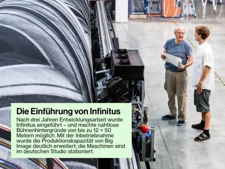 Nach drei Jahren Entwicklungsarbeit wurde Infinitus eingeführt – und machte nahtlose Bühnenhintergründe von bis zu 12 × 50 Metern möglich. Mit der Inbetriebnahme wurde die Produktionskapazität von Big Image deutlich erweitert; die Maschinen sind im deutschen Studio stationiert.