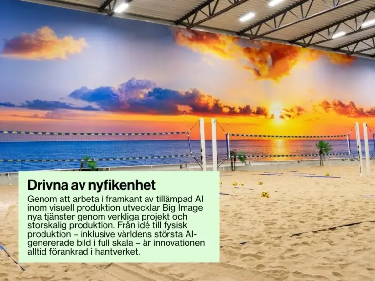 Genom att arbeta i framkant av tillämpad AI inom visuell produktion utvecklar Big Image nya tjänster genom verkliga projekt och storskalig produktion. Från idé till fysisk produktion – inklusive världens största AI-genererade bild i full skala – är innovationen alltid förankrad i hantverket.